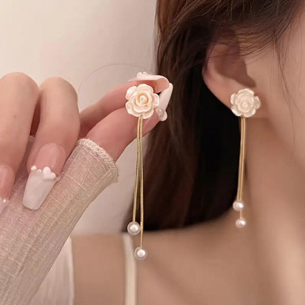 NEW Pink floral gold tassel earrings, flower earrings, dangle earrings, pearl